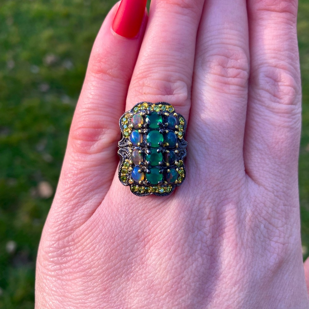 Vintage Art Deco Style Green Onyx & Opal Cluster Ring Sz 6 925 Silver Gold - Picture 5 of 8